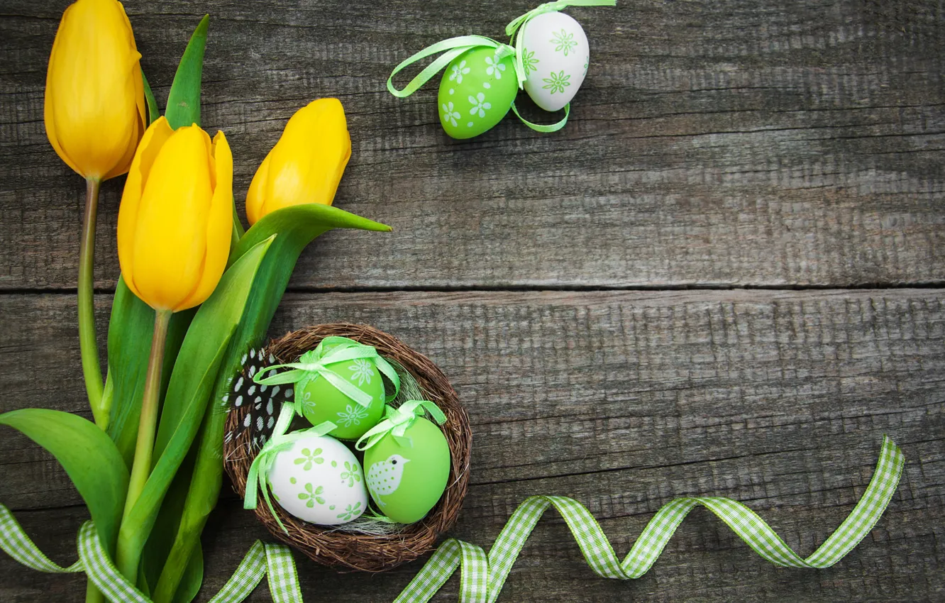 Photo wallpaper flowers, eggs, spring, Easter, tulips, happy, yellow, wood