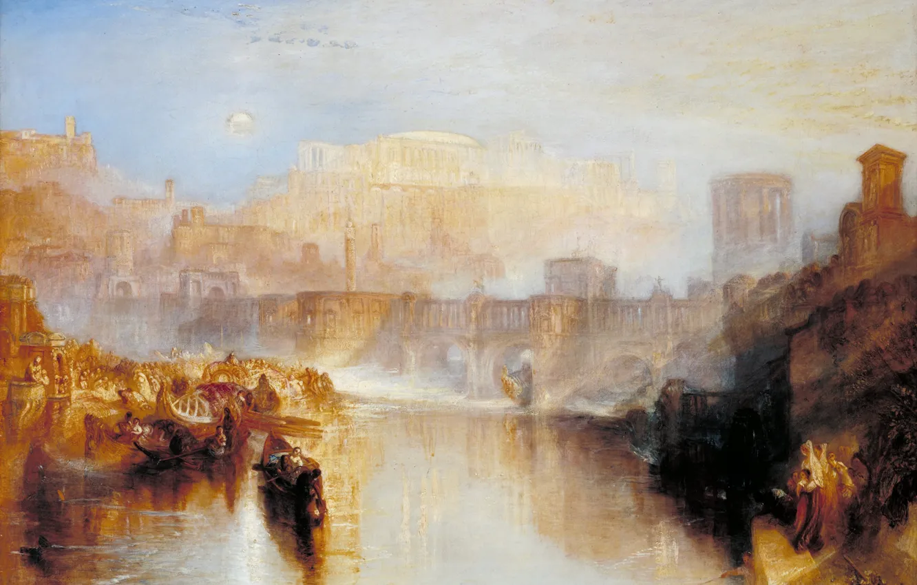 Photo wallpaper landscape, bridge, river, boat, picture, genre, ancient Rome, William Turner