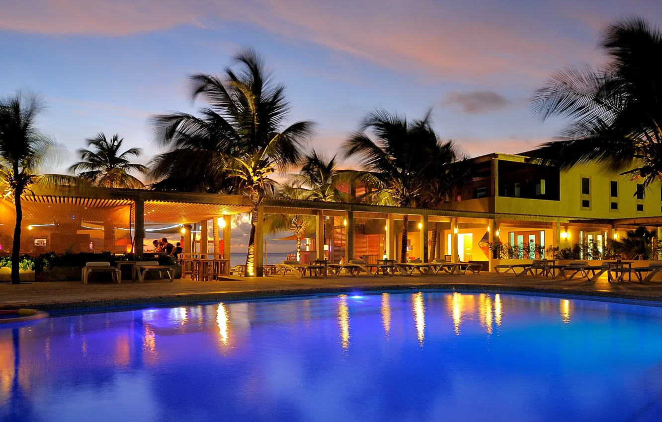 Photo wallpaper palm trees, the evening, pool, resort