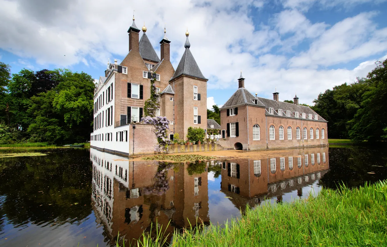 Photo wallpaper pond, castle, Netherlands, Castle Renswoude