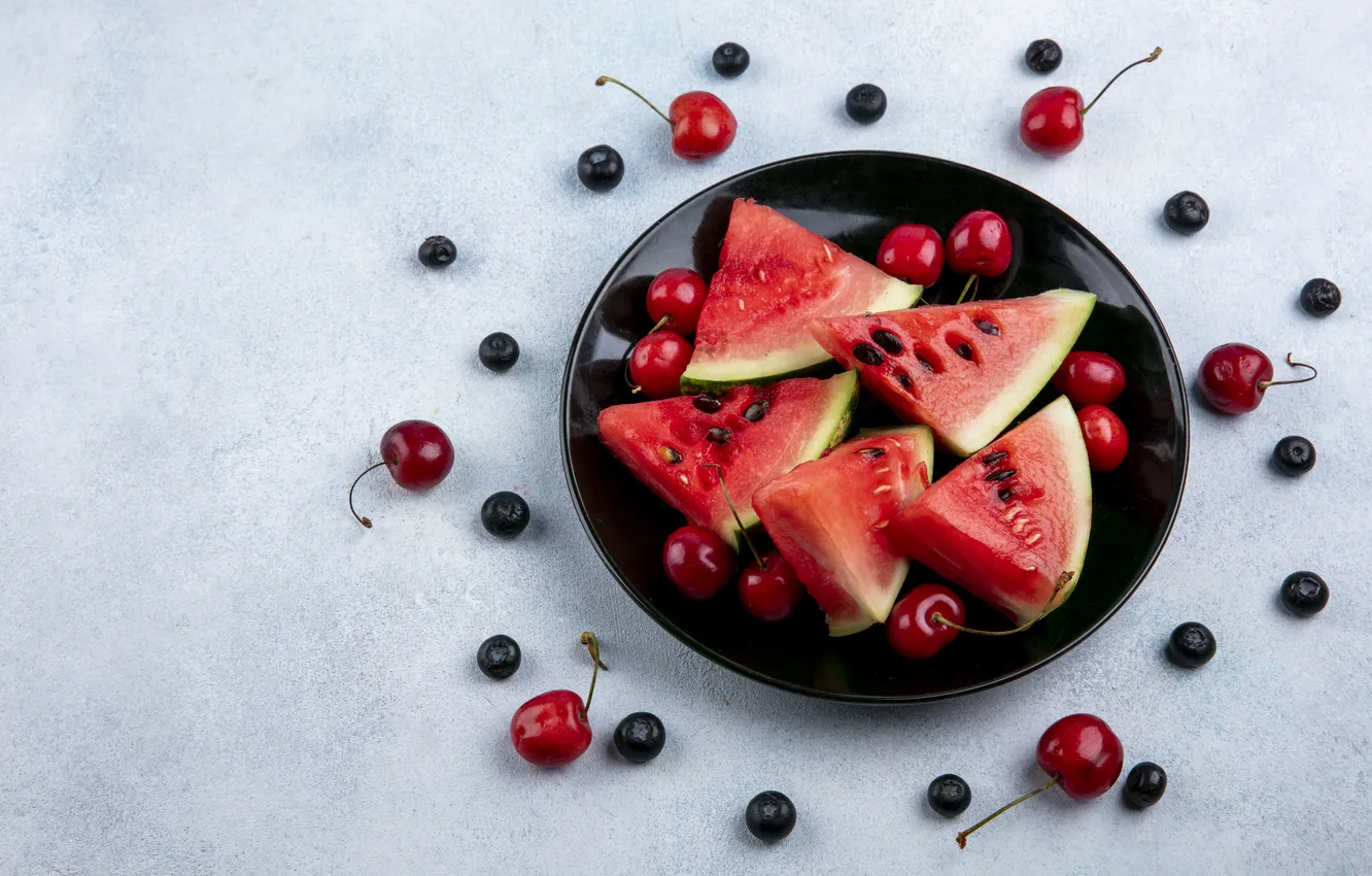 Photo wallpaper cherry, berries, towel, watermelon, blueberries, plate, placer, light background