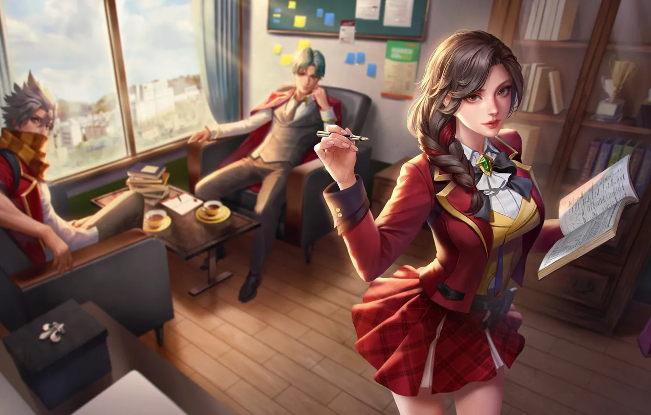 Photo wallpaper window, handle, arena, gesture, office, uniform, beautiful girl, big Breasts