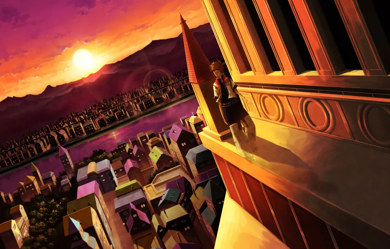 Photo wallpaper the sky, clouds, sunset, mountains, the city, home, anime, art