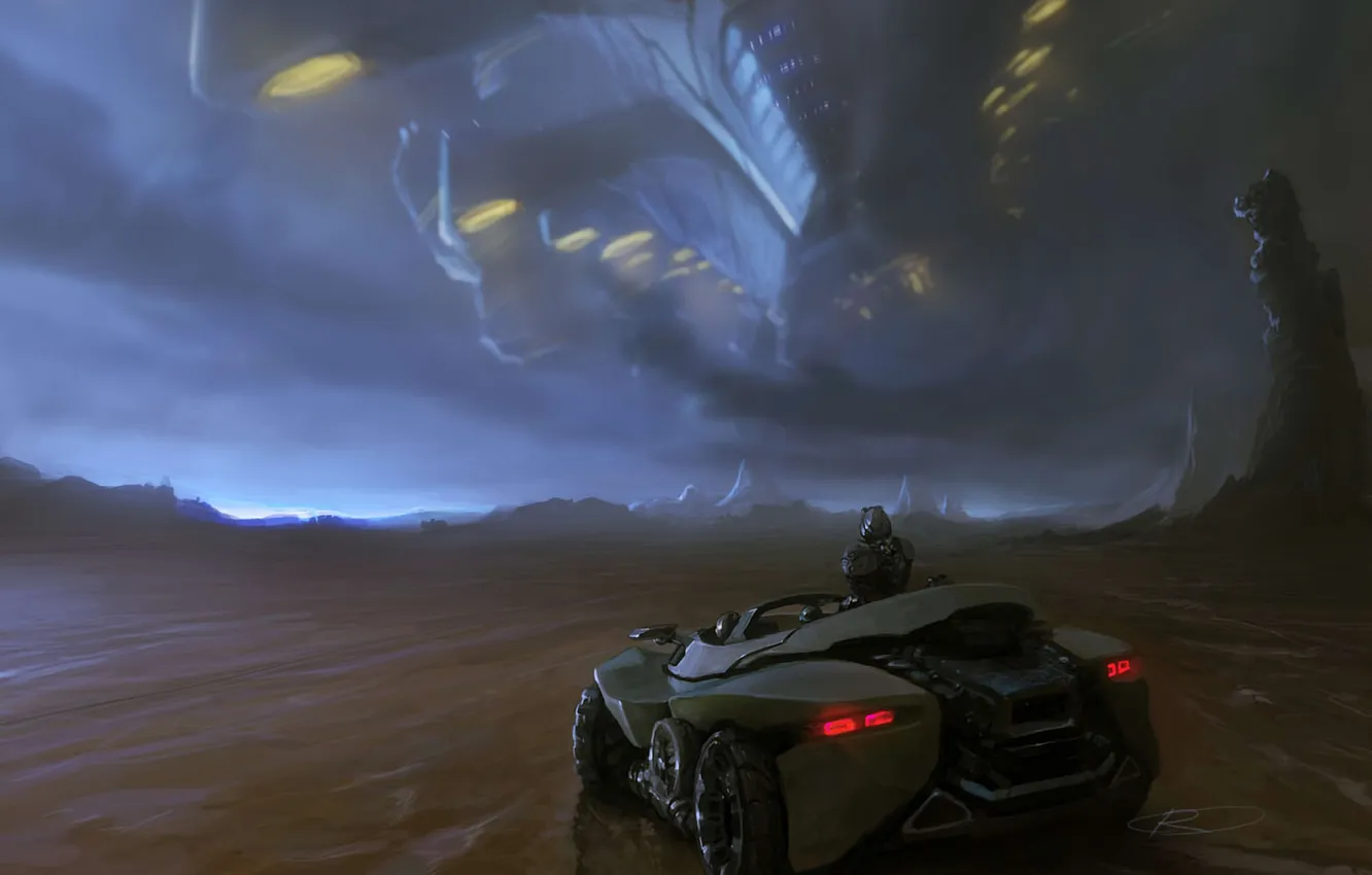 Photo wallpaper rocks, planet, art, car, landing, spaceship