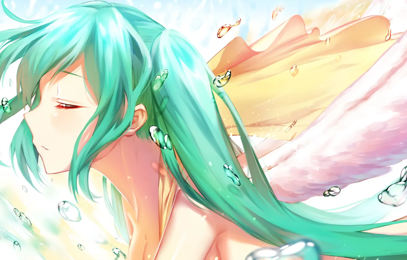 Photo wallpaper girl, drops, wings, anime, art, profile, vocaloid, hatsune miku