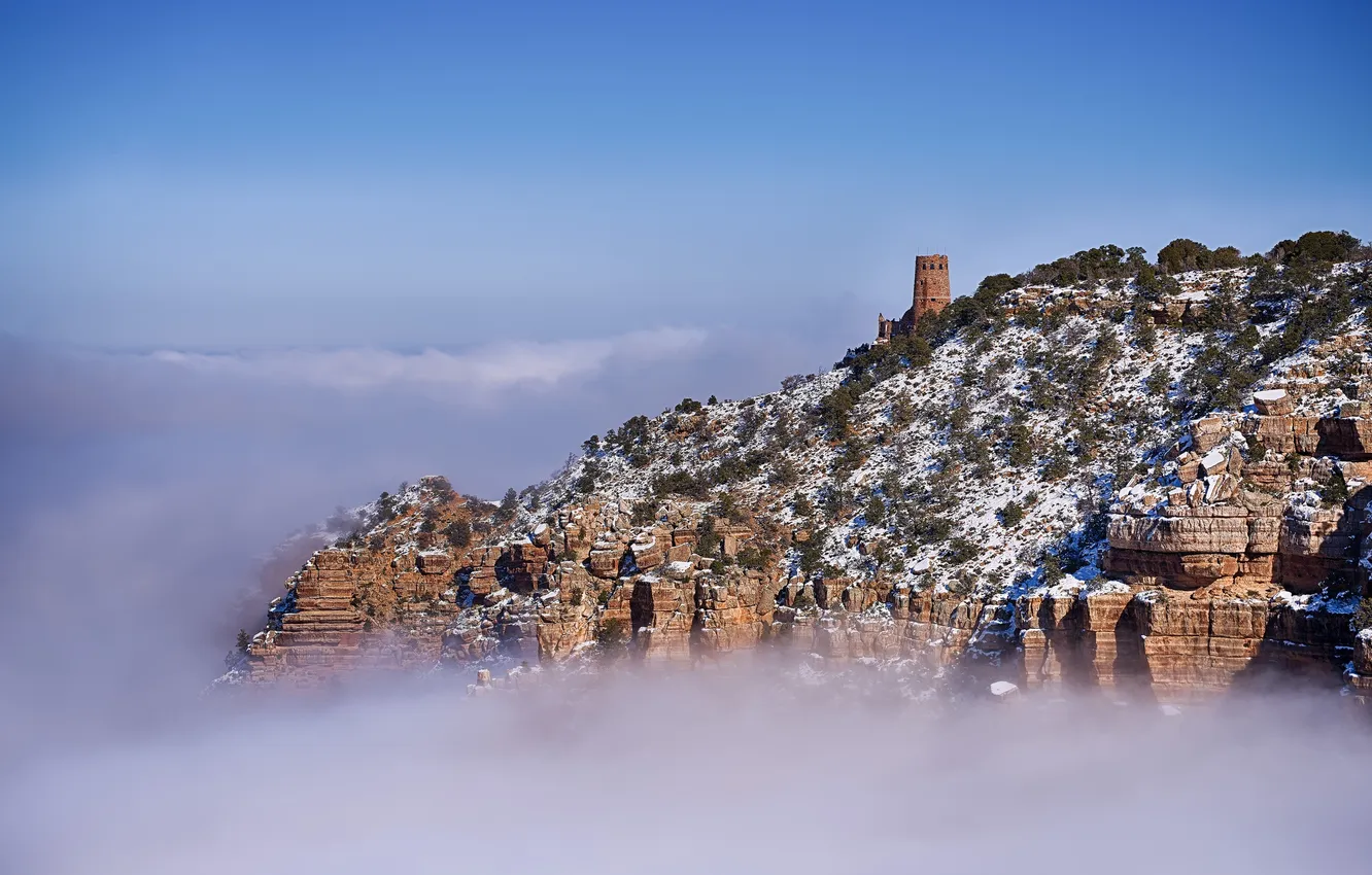 Photo wallpaper the sky, snow, mountains, rocks, tower, canyon, AZ, USA