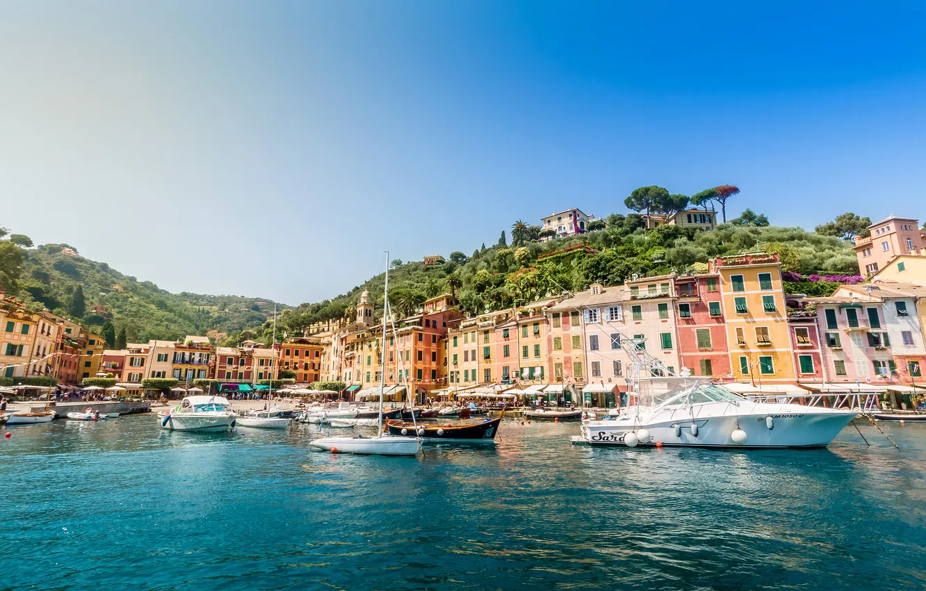 Photo wallpaper sea, trees, mountains, rocks, boat, home, Bay, yacht