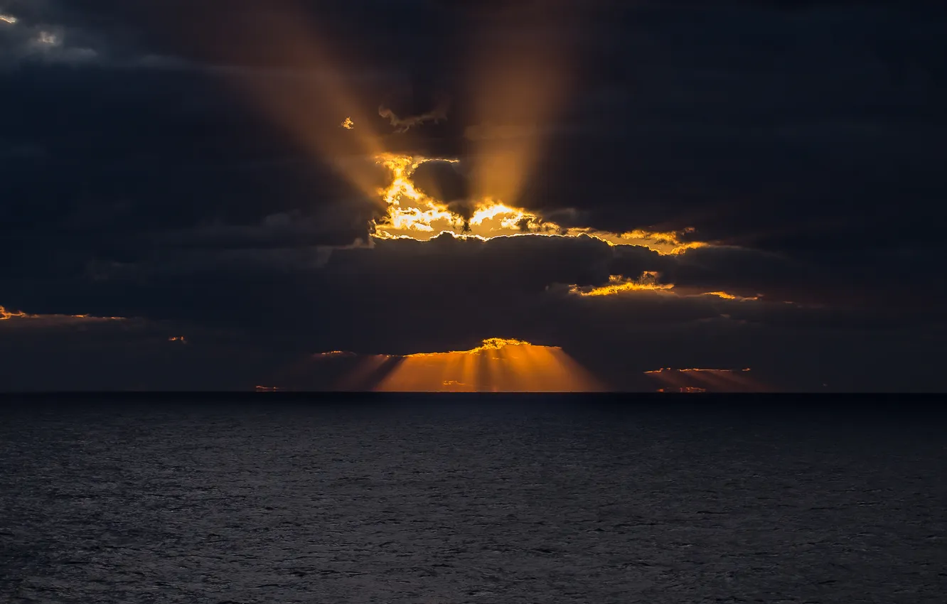 Photo wallpaper sea, the sky, clouds, rays, light, sunset