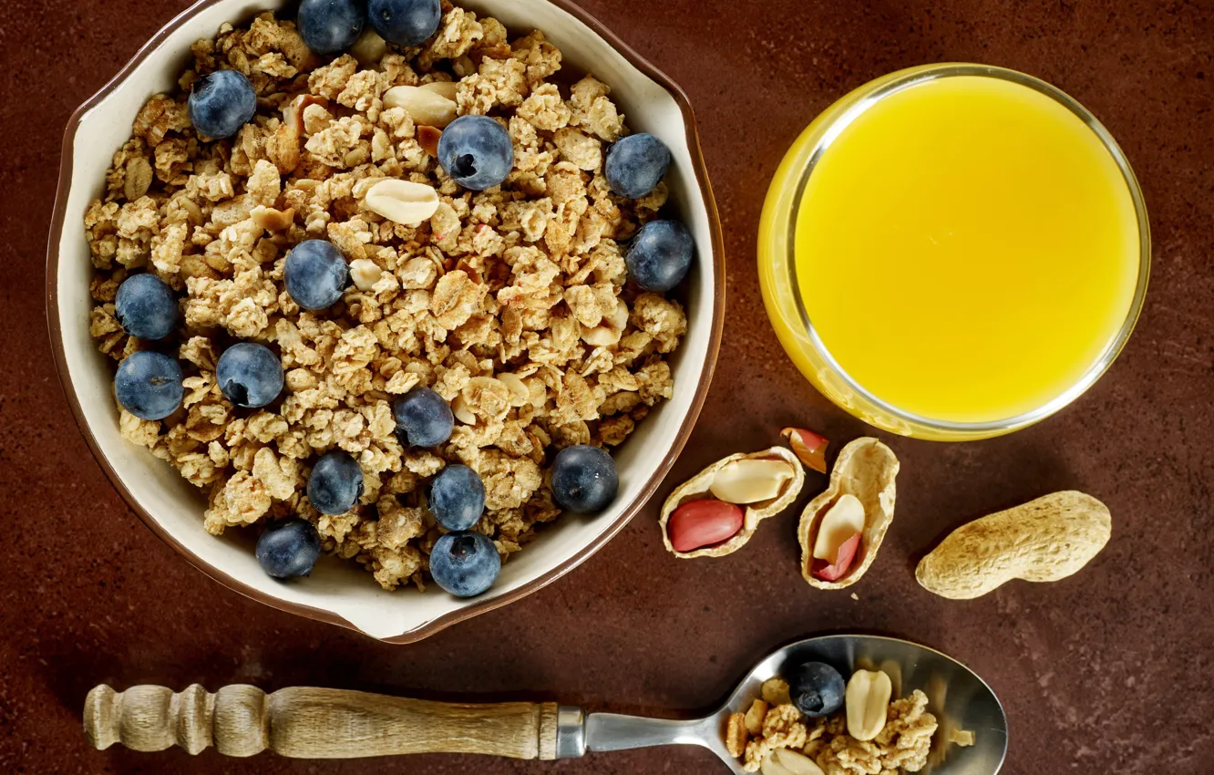 Photo wallpaper berries, Breakfast, blueberries, juice, peanuts, breakfast, muesli