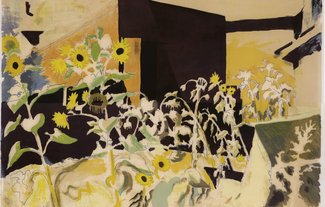 Photo wallpaper 1942, Charles Ephraim Burchfield, Sunflowers and Red Barn
