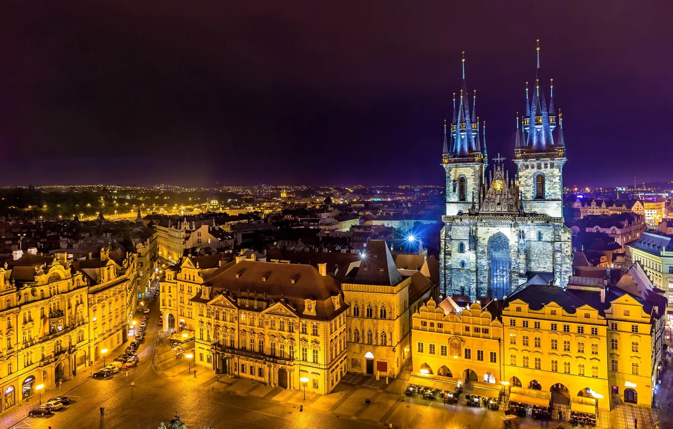 Photo wallpaper night, lights, building, home, Prague, Czech Republic, area, lights