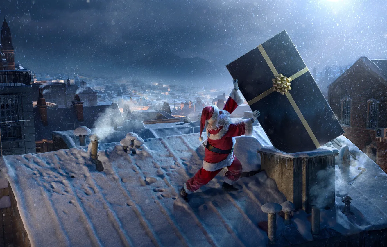 Photo wallpaper winter, roof, snow, night, city, the city, holiday, gift