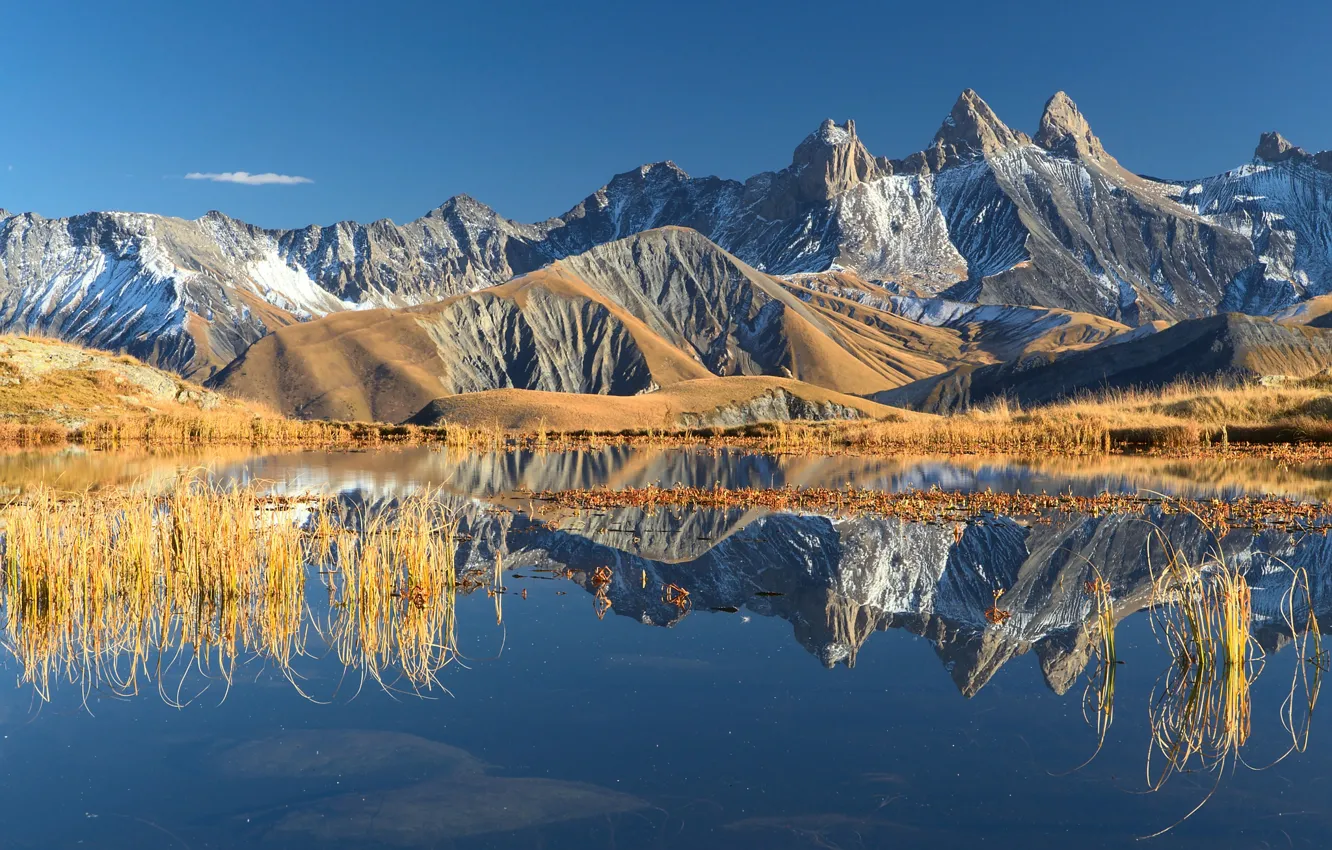 Photo wallpaper autumn, the sky, mountains, lake, reflection, France, October, Alps