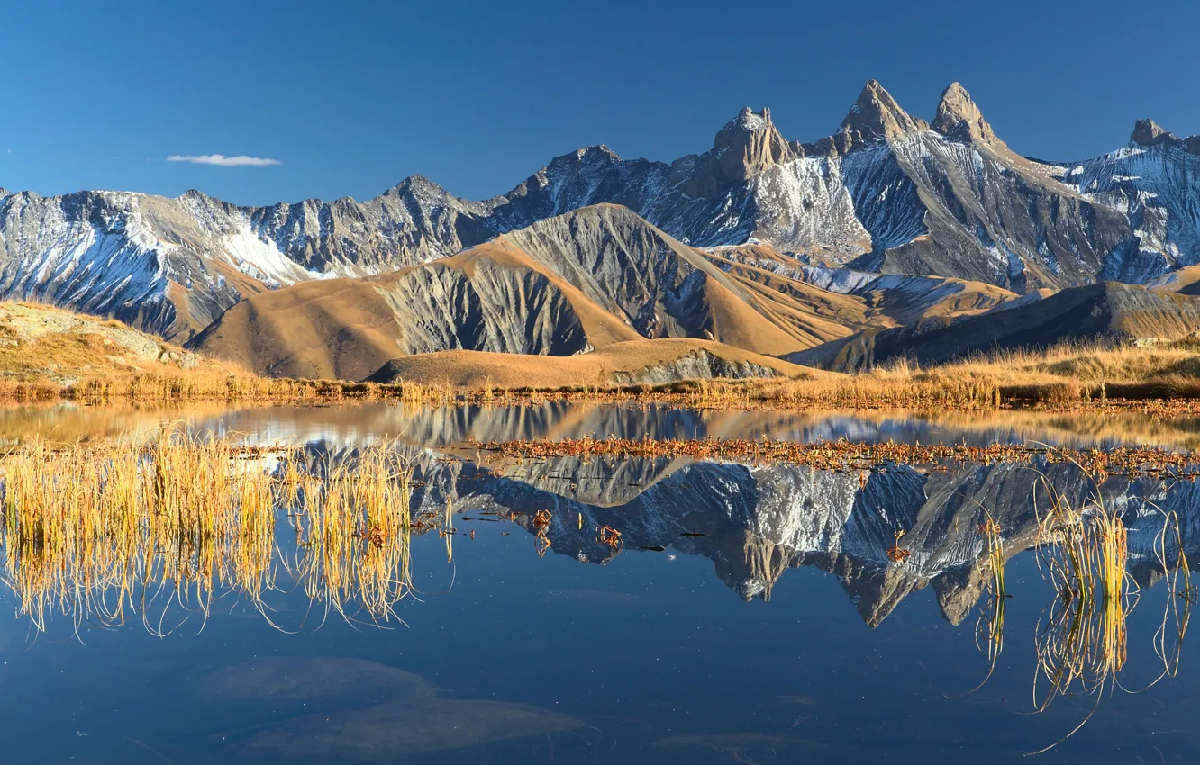 Photo wallpaper autumn, the sky, reflection, mountains, lake, France, Alps, October
