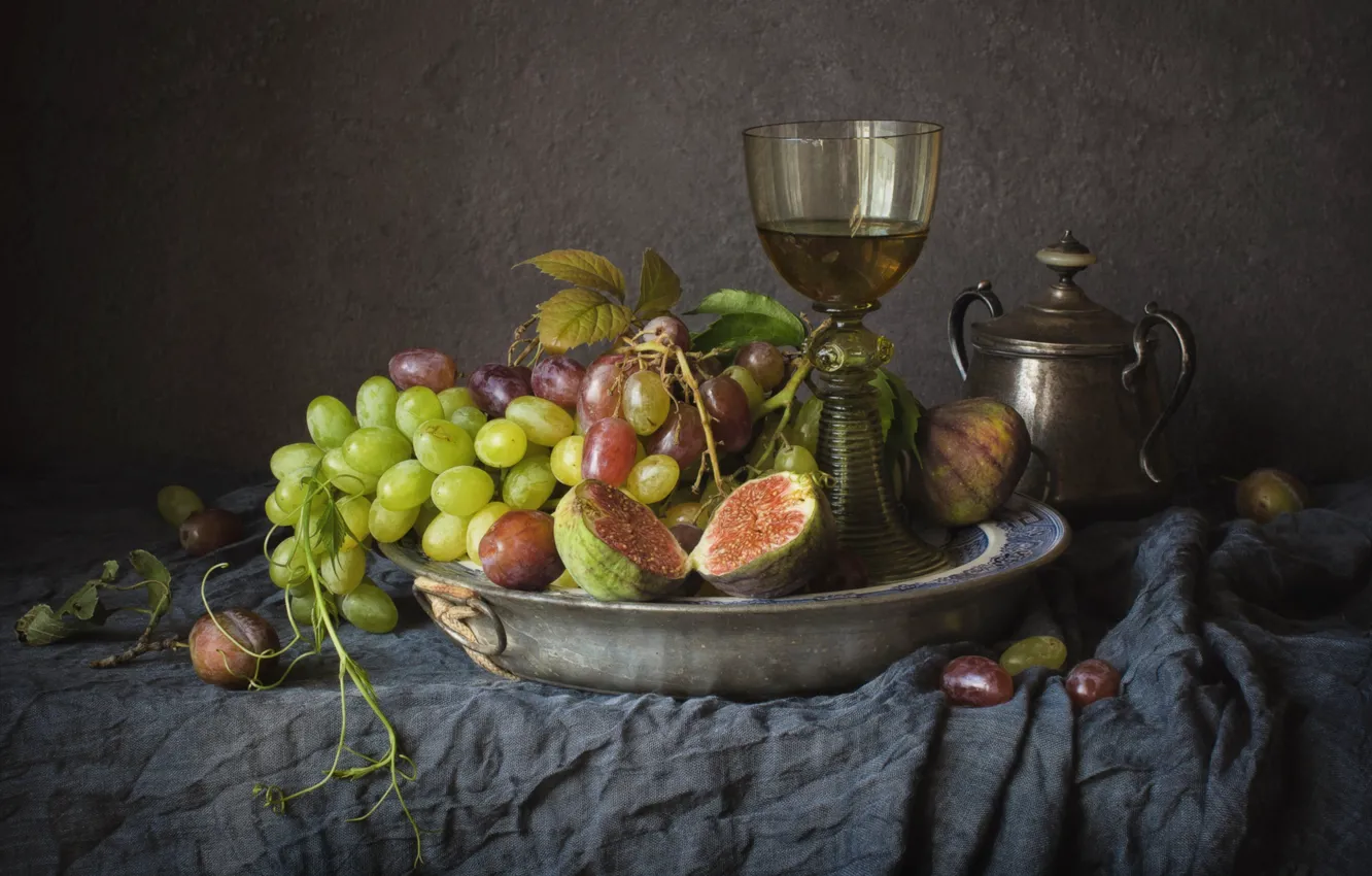 Photo wallpaper wine, glass, grapes, figs