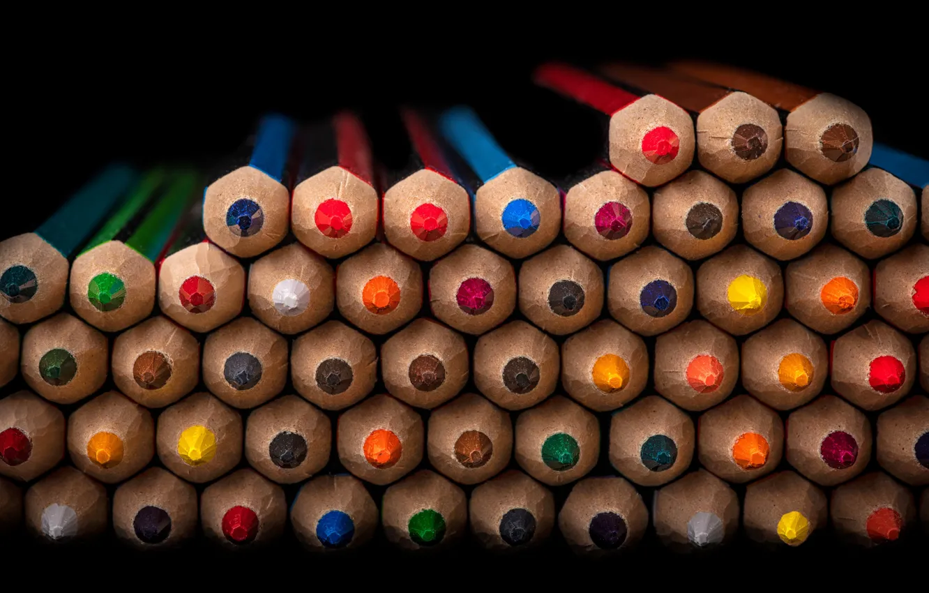 Photo wallpaper macro, colored, cell, pencils, wooden, stack, black background, colorful