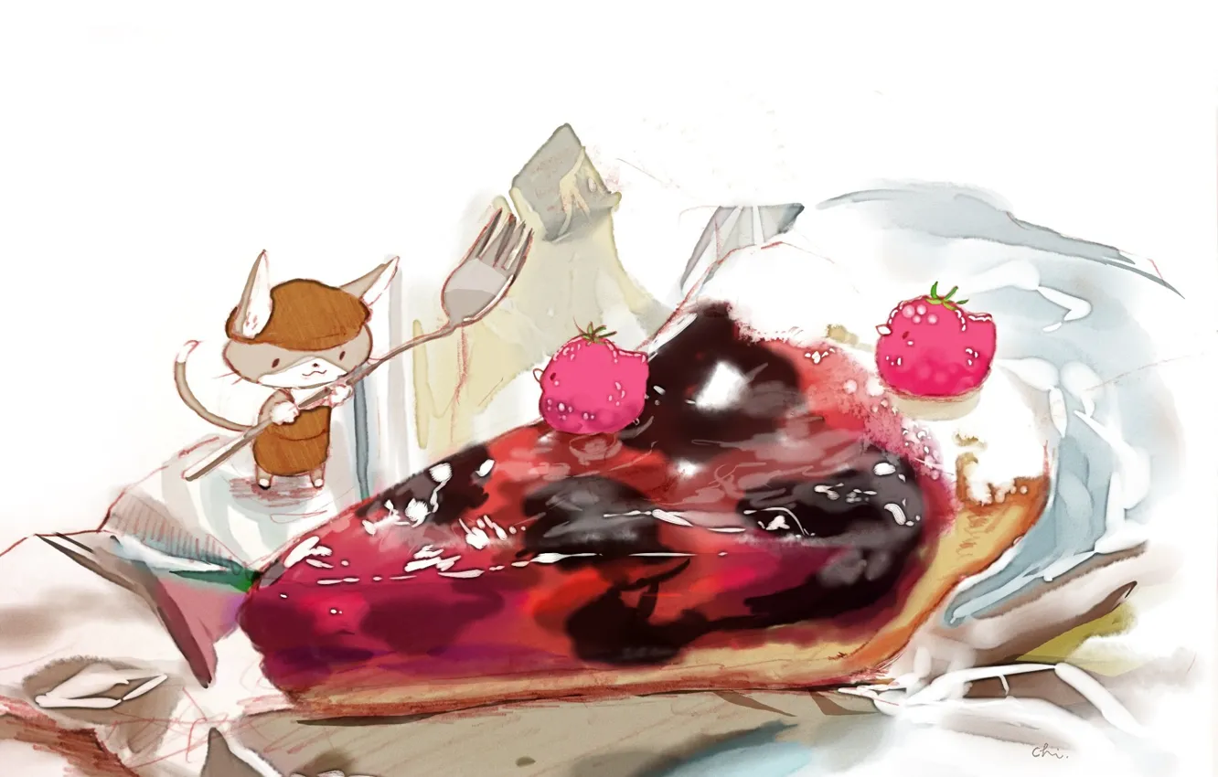 Photo wallpaper cat, cap, plug, bird, dessert, yummy, jelly, wrapper