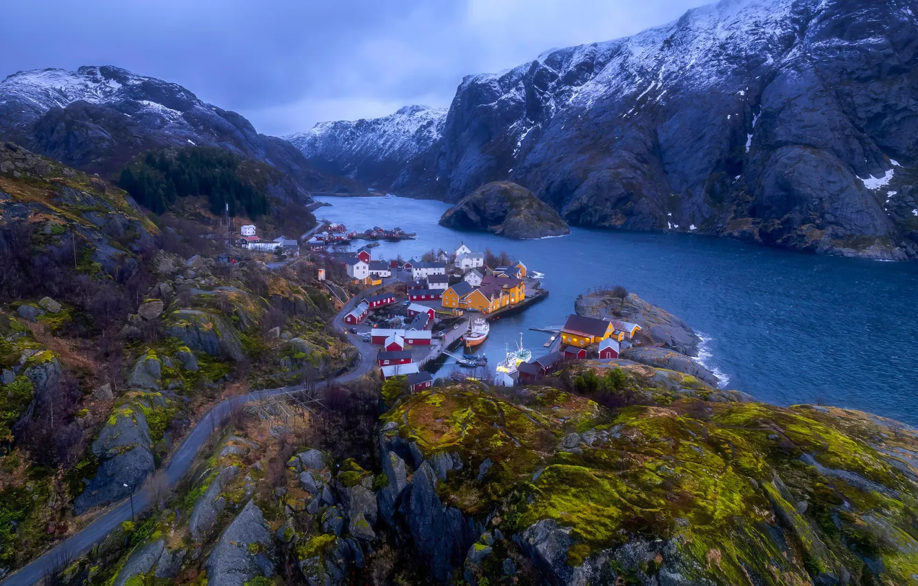 Photo wallpaper boats, coast, fiord, houses, cliffs, Norway, village
