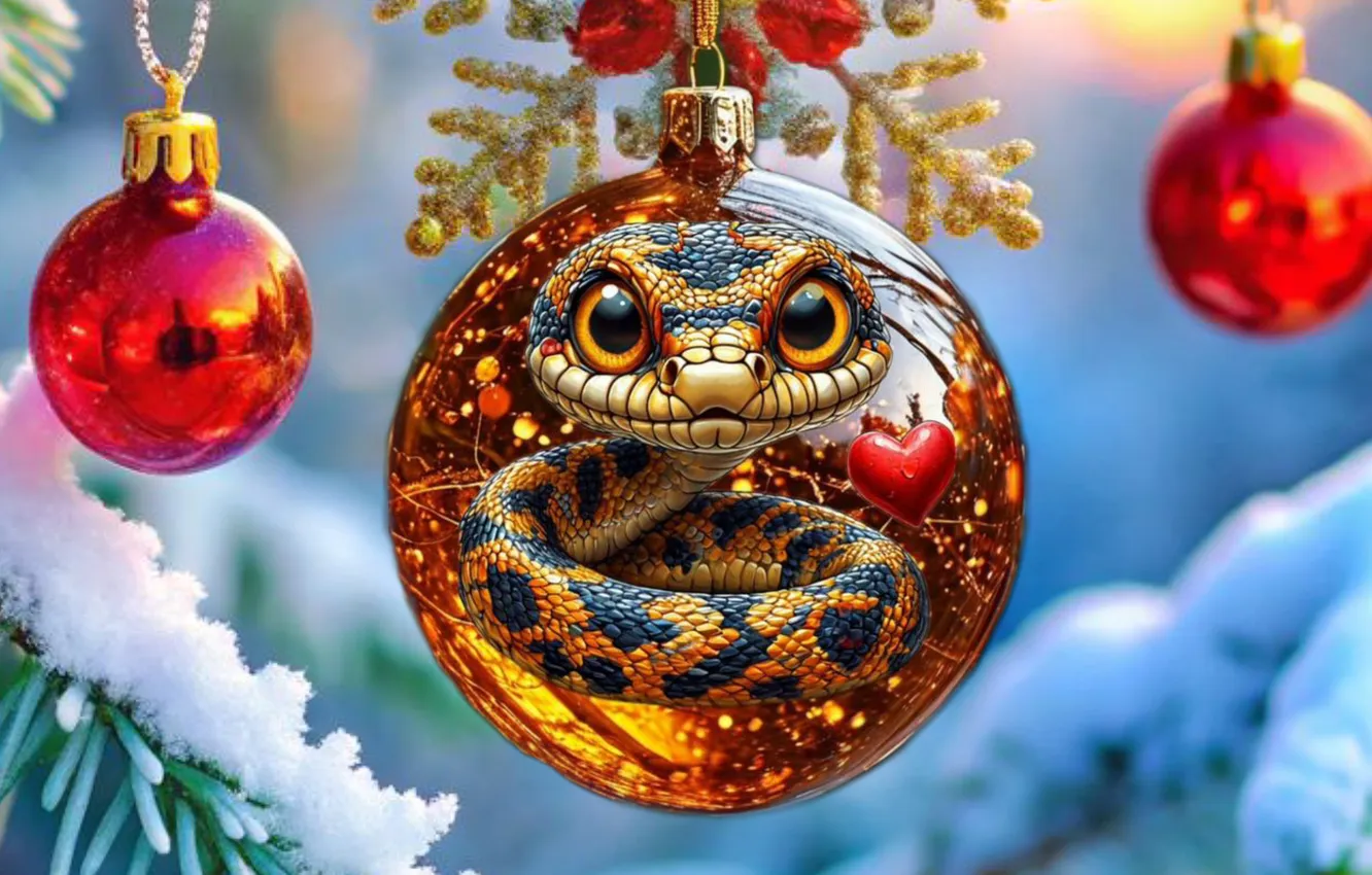 Photo wallpaper holiday, new year, snake, eyes, Christmas, bokeh, Christmas toy, New Year