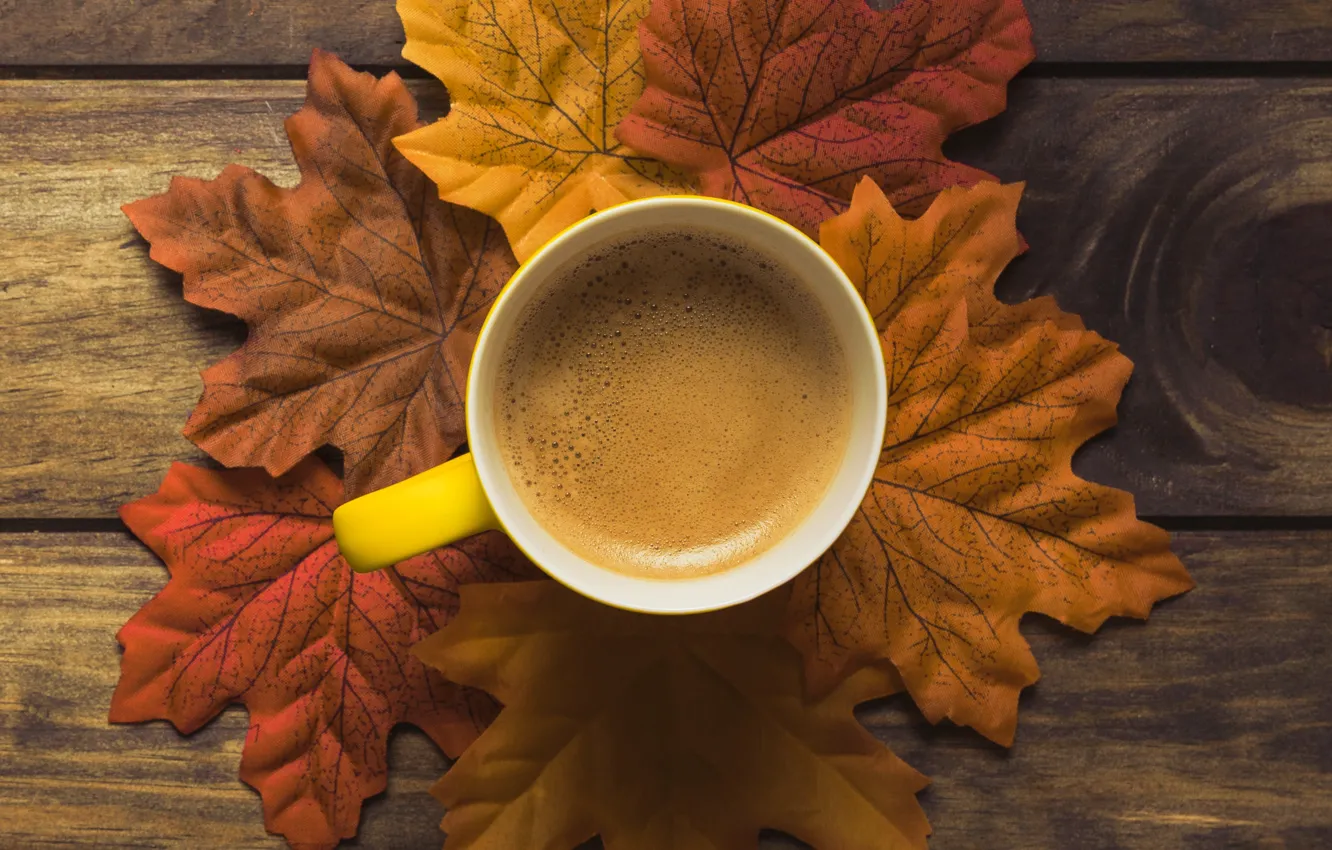 Photo wallpaper autumn, leaves, trees, background, coffee, colorful, Cup, wood