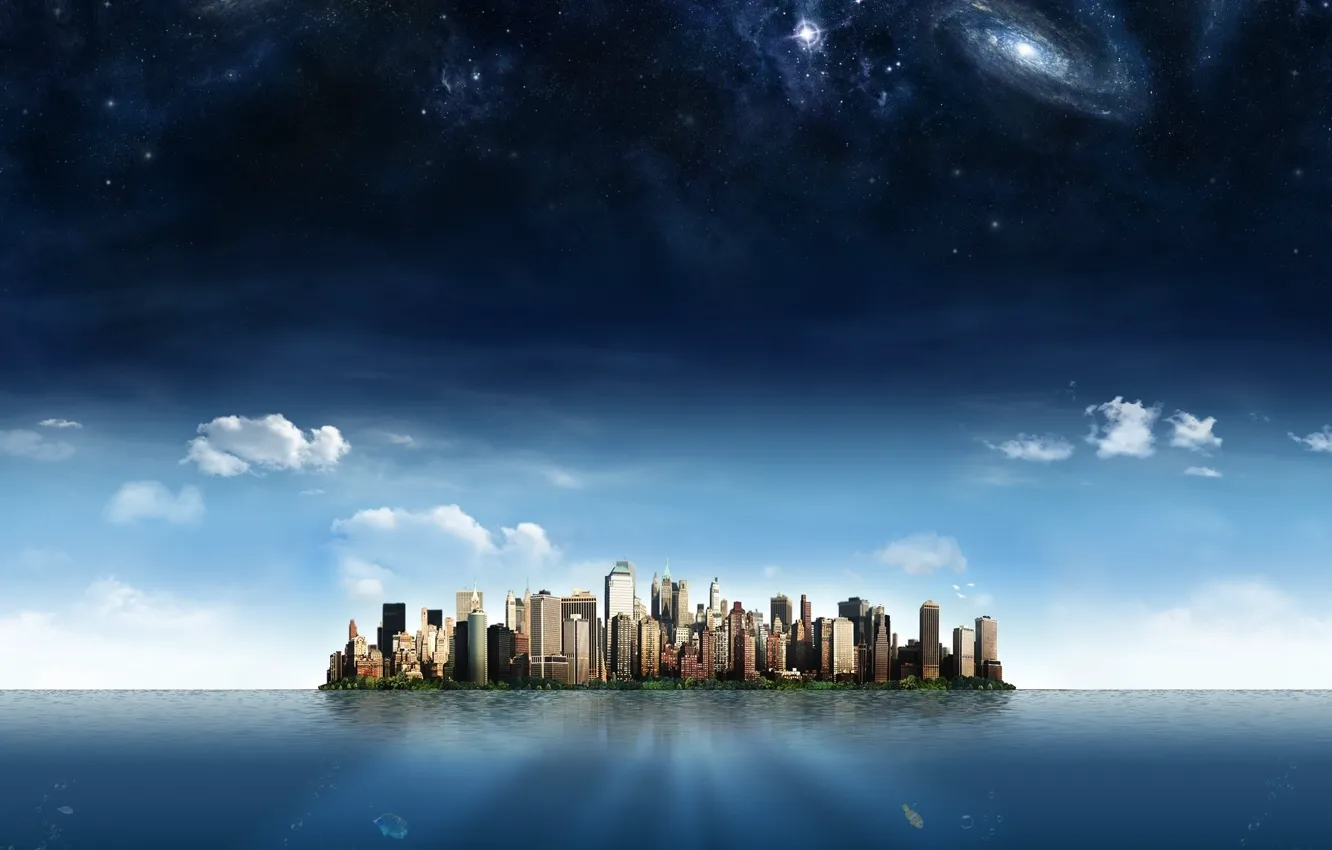 Photo wallpaper the sky, stars, clouds, the city, the ocean, island, skyscrapers, galaxy