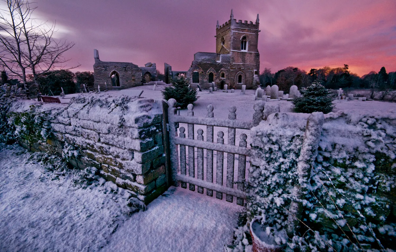 Photo wallpaper winter, sunset, the evening, Church, cemetery, ruins, the churchyard