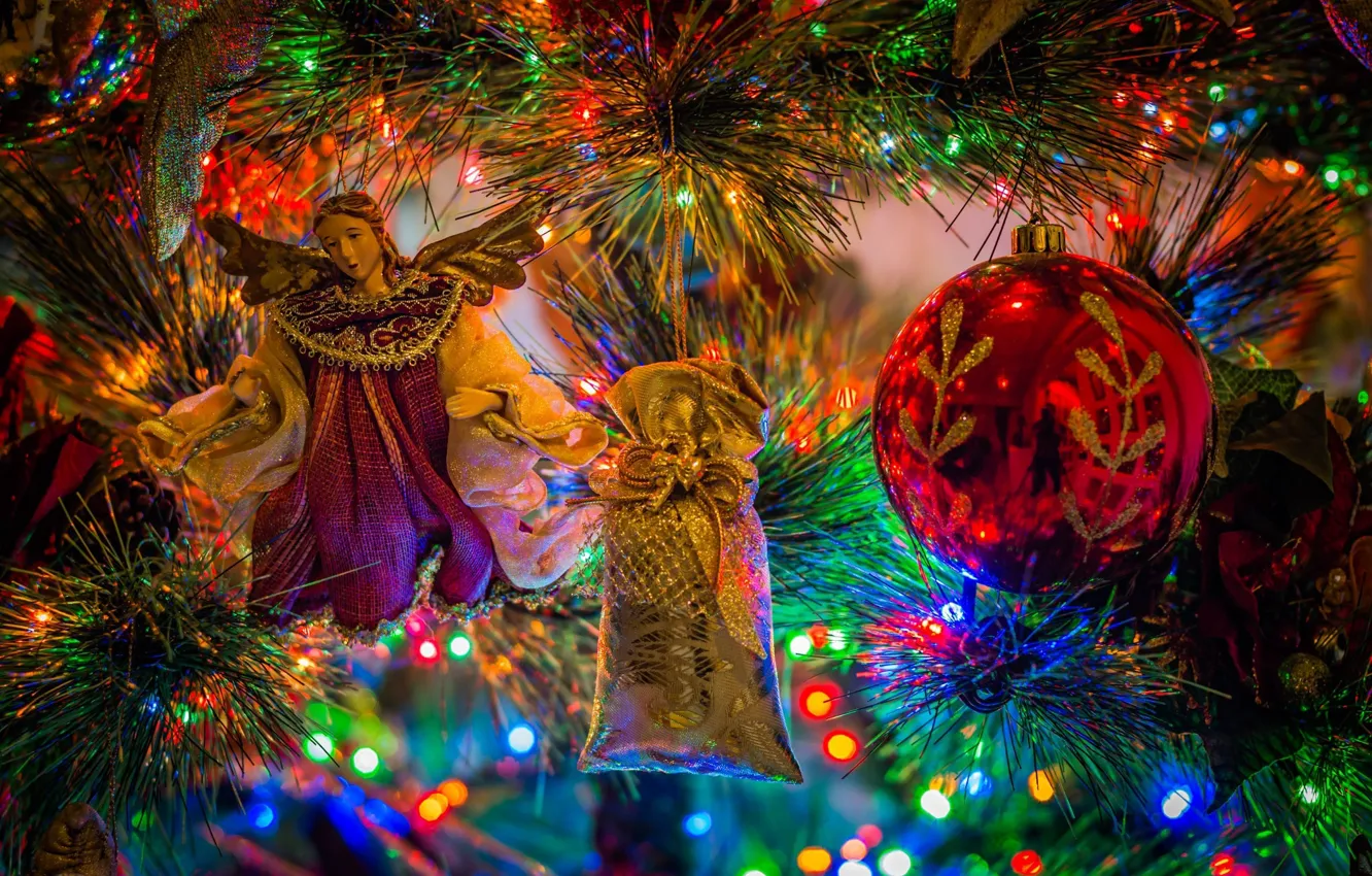 Photo wallpaper decoration, holiday, balls, toy, tree, new year, angel, bokeh