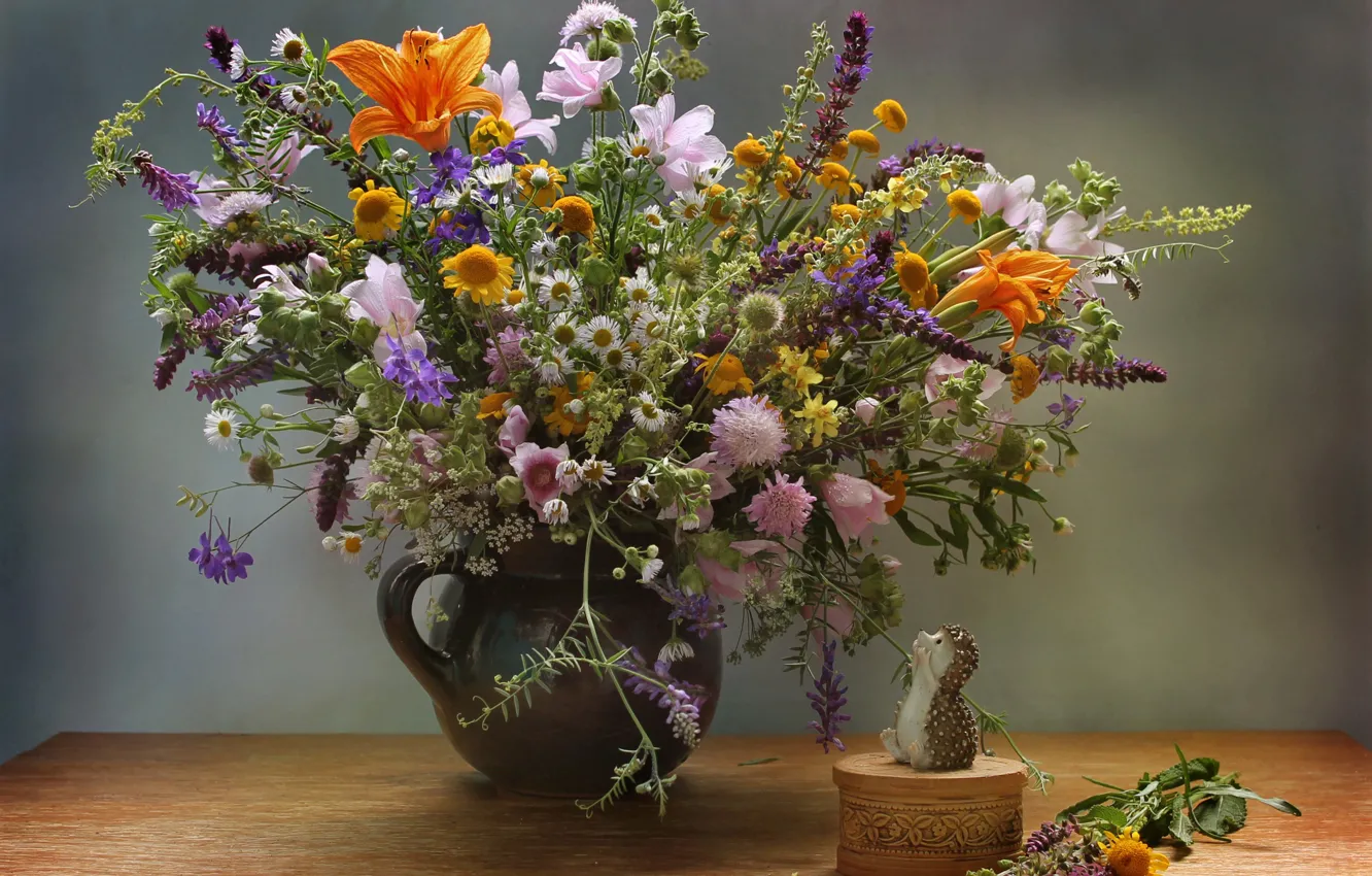 Photo wallpaper table, chamomile, bouquet, box, vase, hedgehog, wildflowers