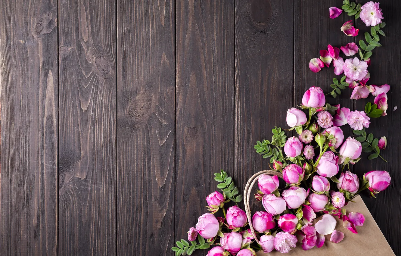 Photo wallpaper flowers, roses, bouquet, pink, buds, wood, pink, flowers