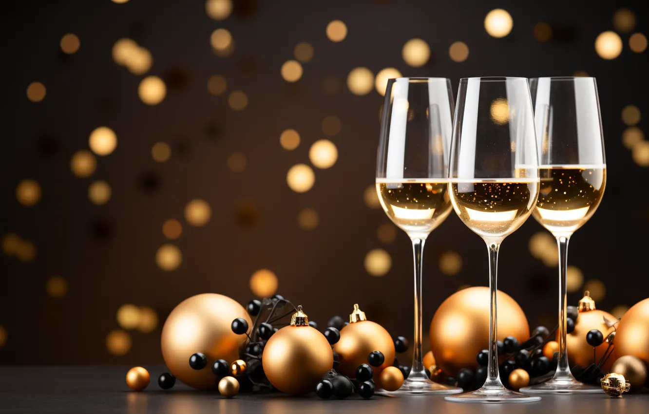 Photo wallpaper decoration, gold, balls, glass, new year, golden, champagne, Christmas
