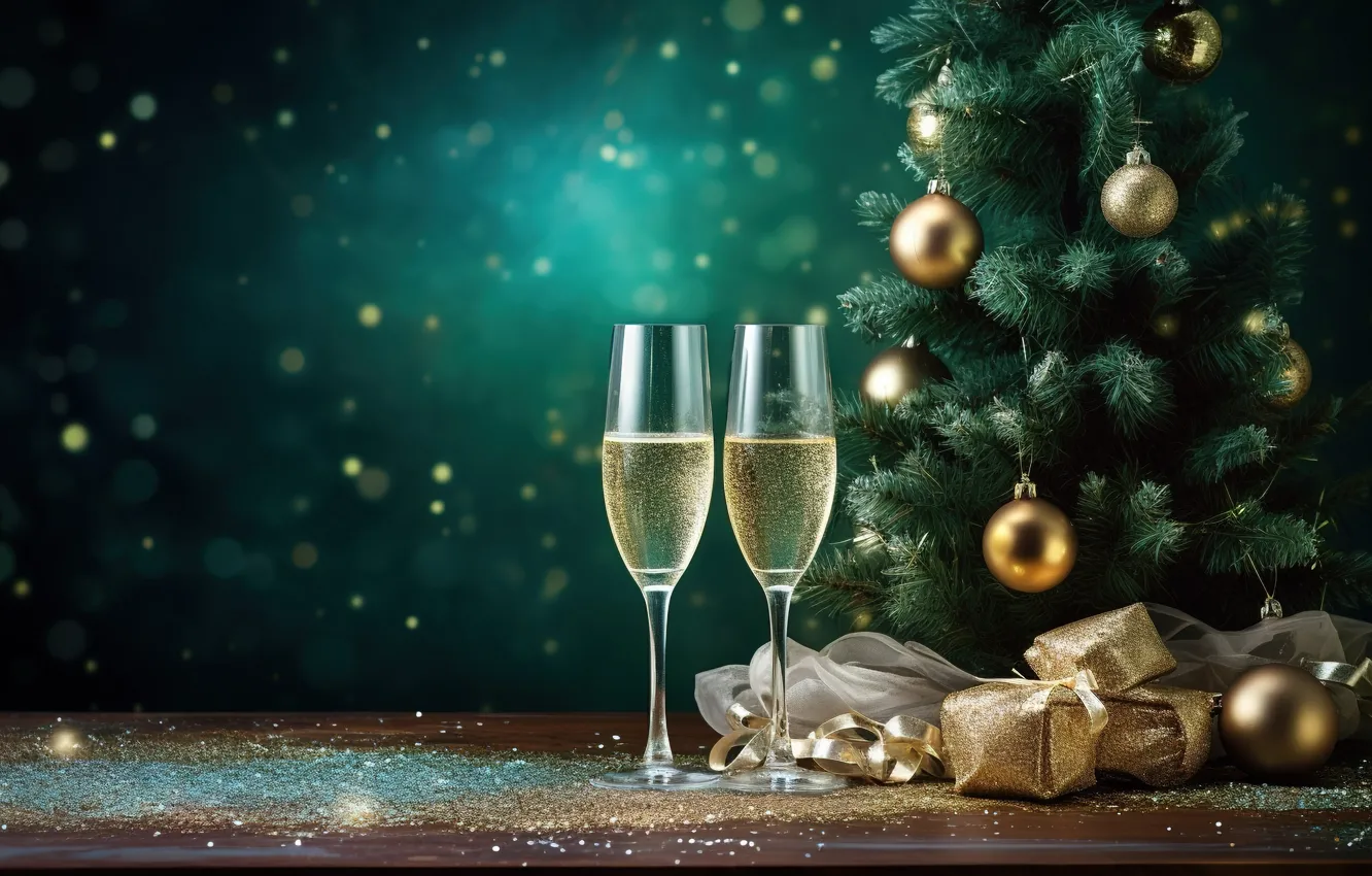 Photo wallpaper decoration, gold, balls, glass, tree, new year, golden, champagne
