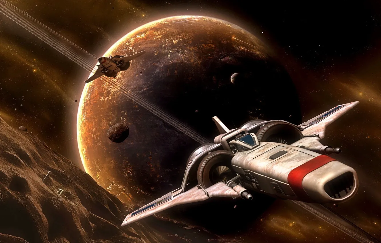 Photo wallpaper spaceship, planets, asteroids, valley run
