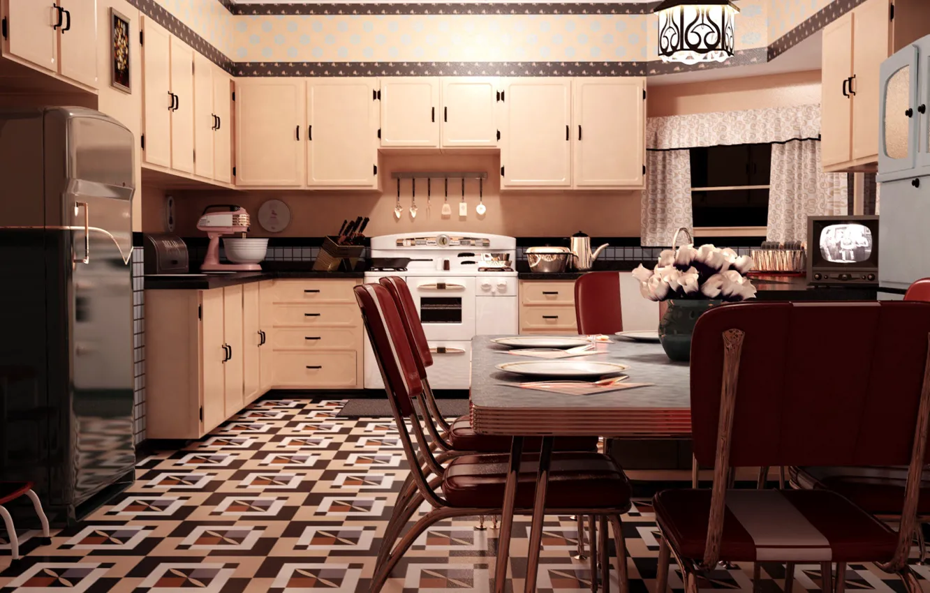 Photo wallpaper furniture, kitchen, the room, headsets, Vintage 1950s Kitchen