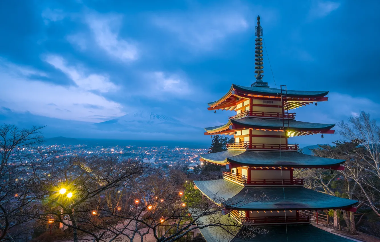Photo wallpaper light, sunset, Japan, pagoda