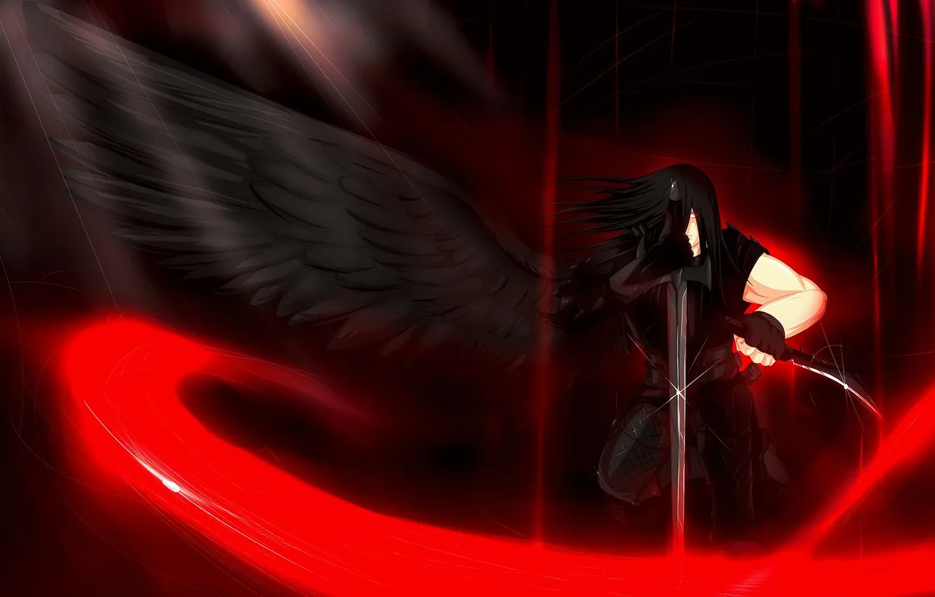 Photo wallpaper look, sword, anime, art, fallen angel, black wings