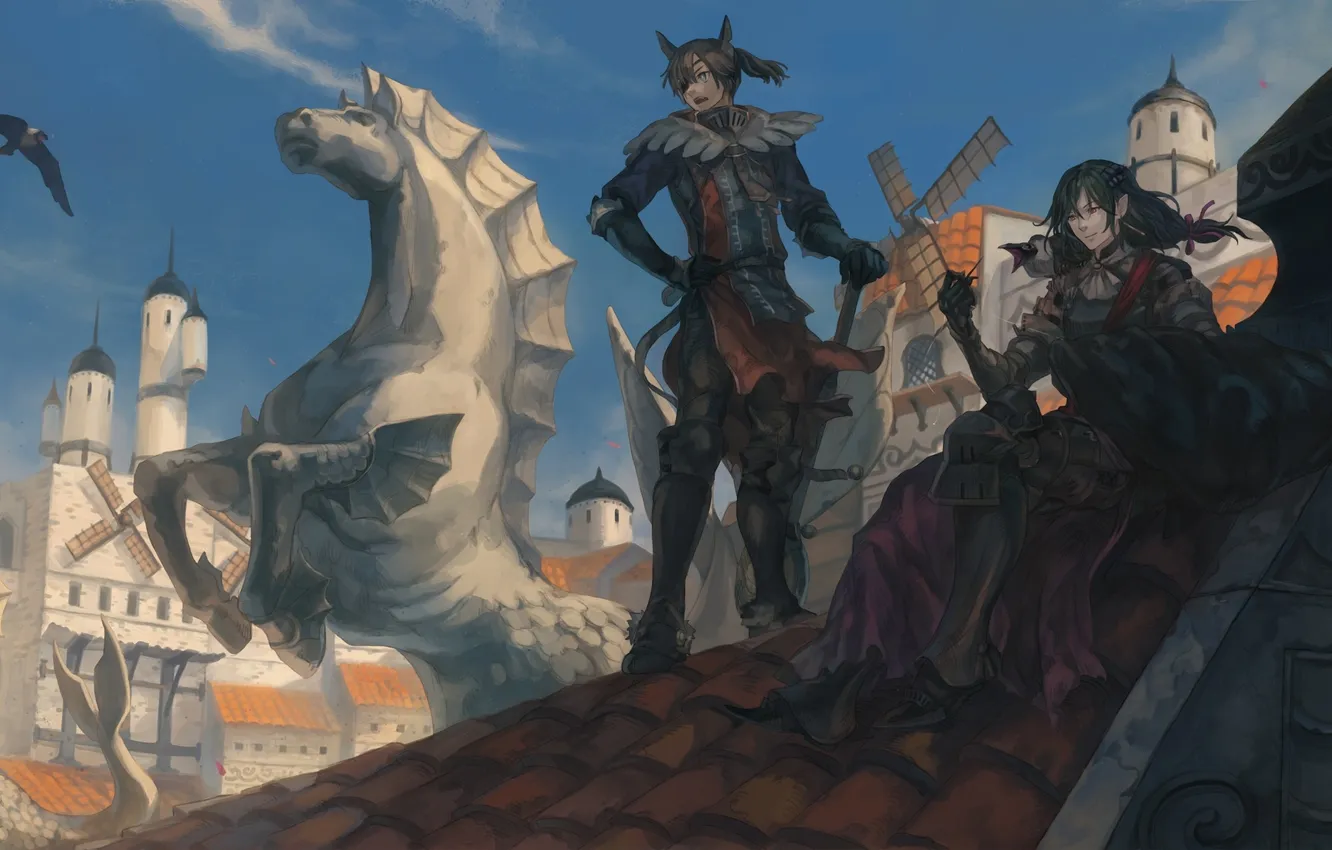 Photo wallpaper the sky, clouds, the city, weapons, bird, home, sword, anime