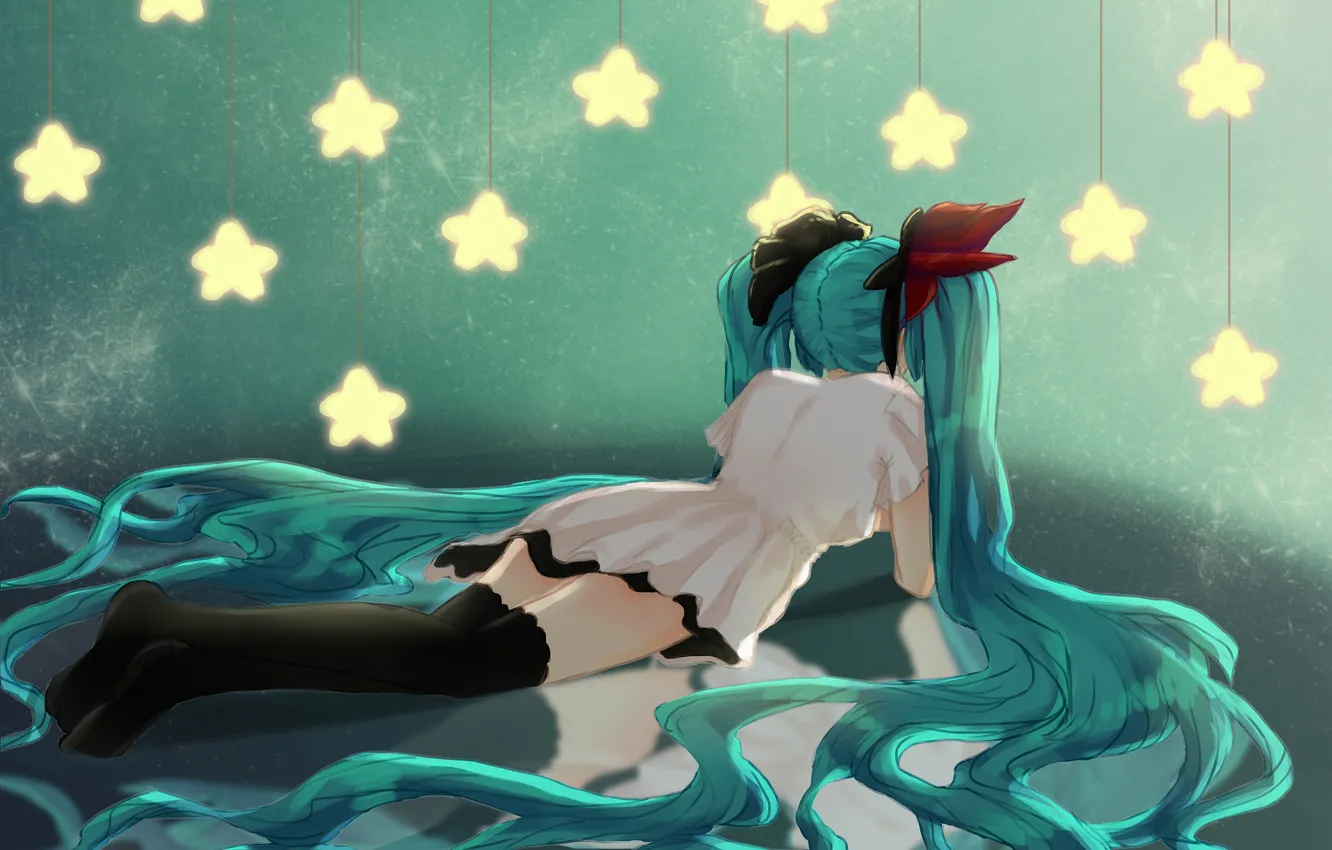 Photo wallpaper girl, hair, anime, art, vocaloid, hatsune miku, stars