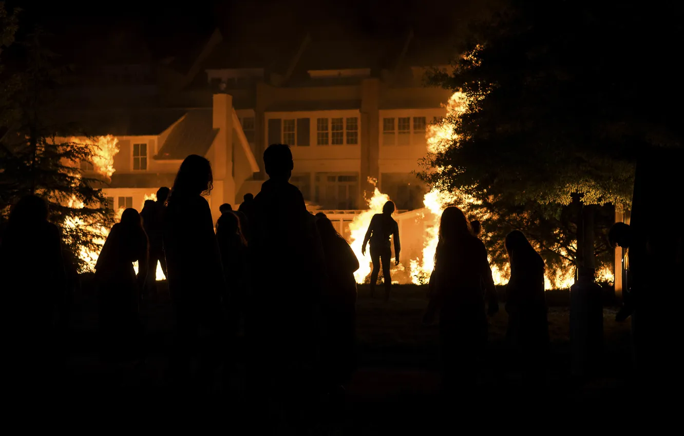 Photo wallpaper night, zombies, The Walking Dead, The walking dead, fire silhouettes