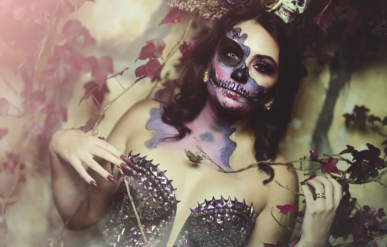 Photo wallpaper look, girl, face, style, portrait, makeup, Halloween, image