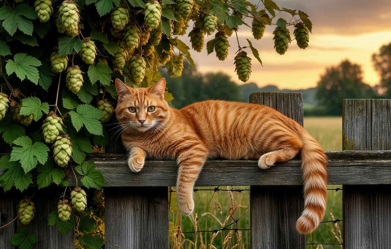 Photo wallpaper cat, cat, look, nature, pose, the fence, lies, red