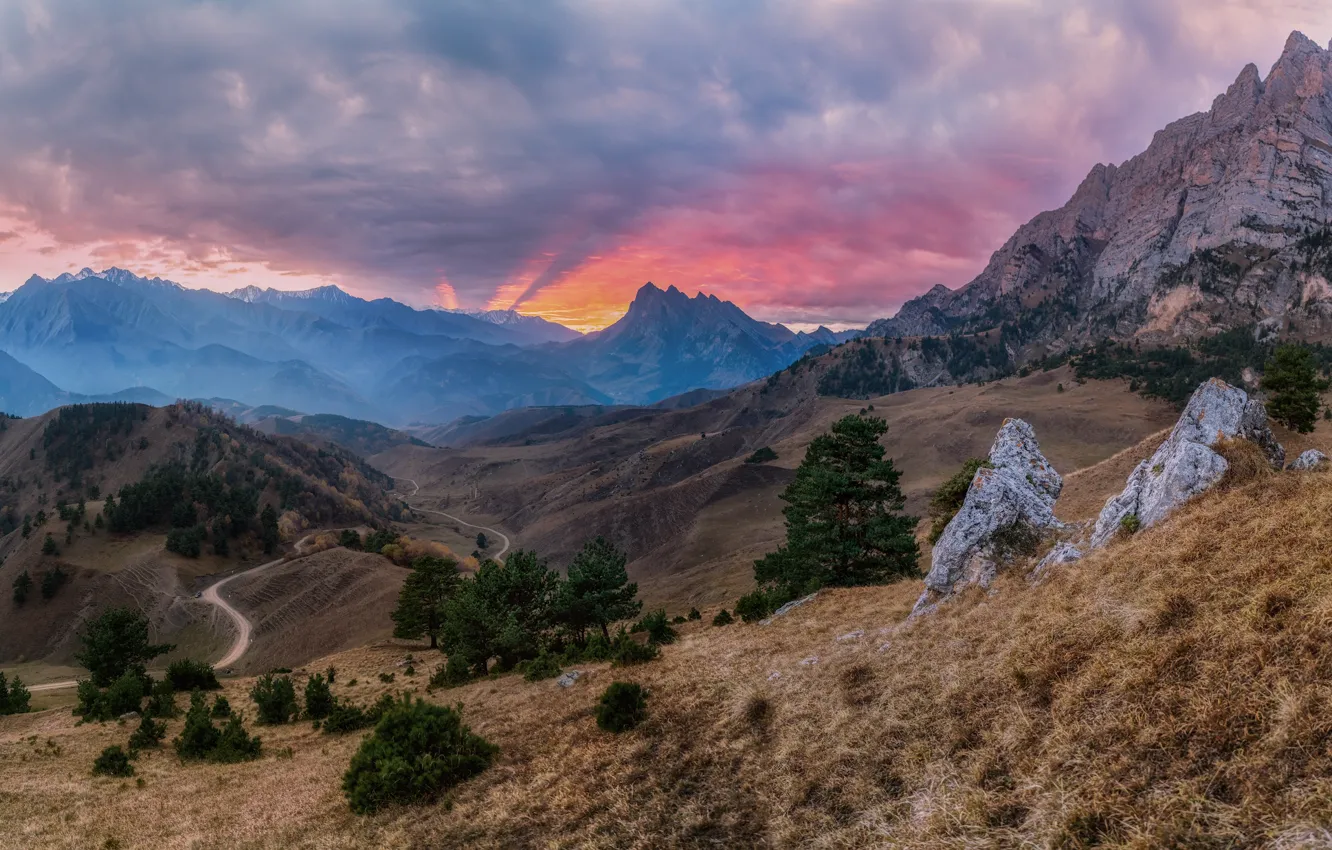 Photo wallpaper road, trees, landscape, mountains, clouds, nature, stones, INGUSHETIA