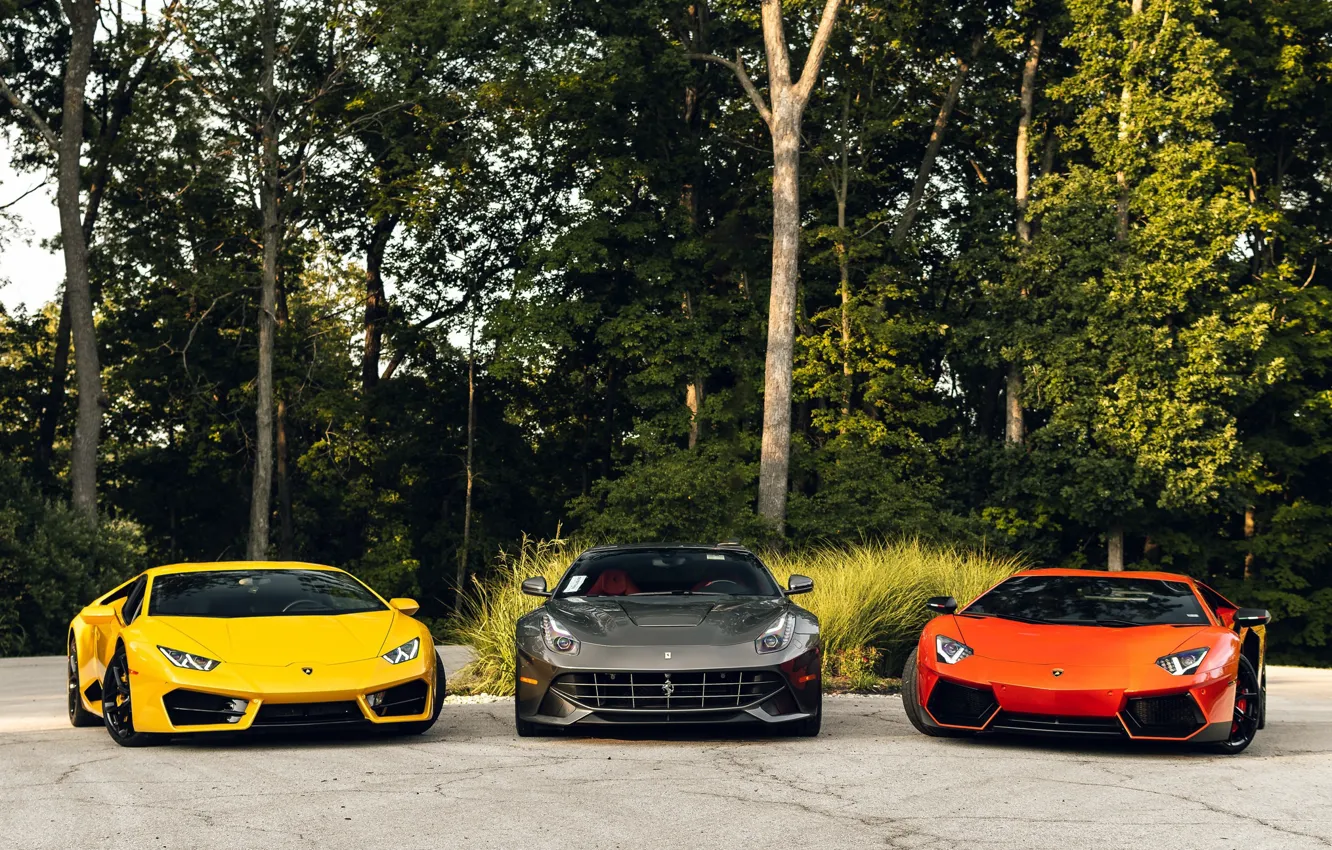 Photo wallpaper Lamborghini, Ferrari, Orange, Yellow, Aventador, Gray, Berlinetta, F12