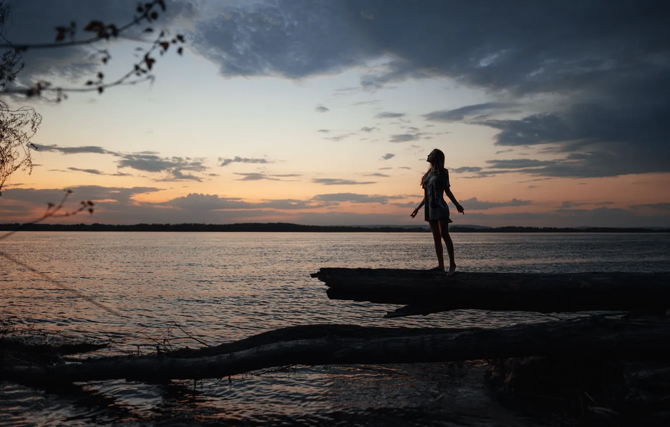 Photo wallpaper girl, twilight, long hair, photo, sunset, wood, photographer, lake