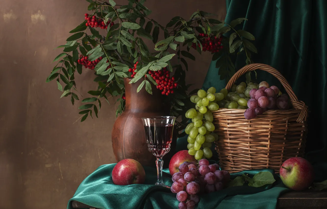 Photo wallpaper berries, table, wine, apples, glass, bouquet, grapes, fabric