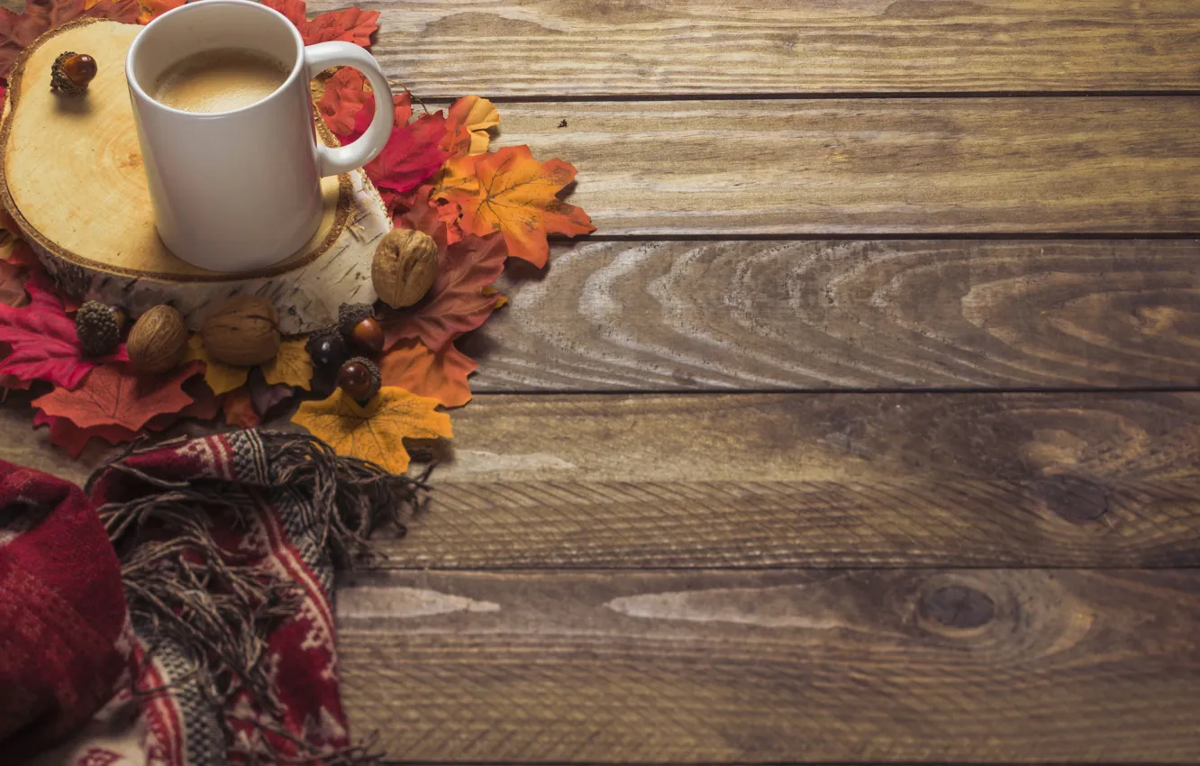 Photo wallpaper autumn, leaves, background, tree, coffee, colorful, scarf, Cup