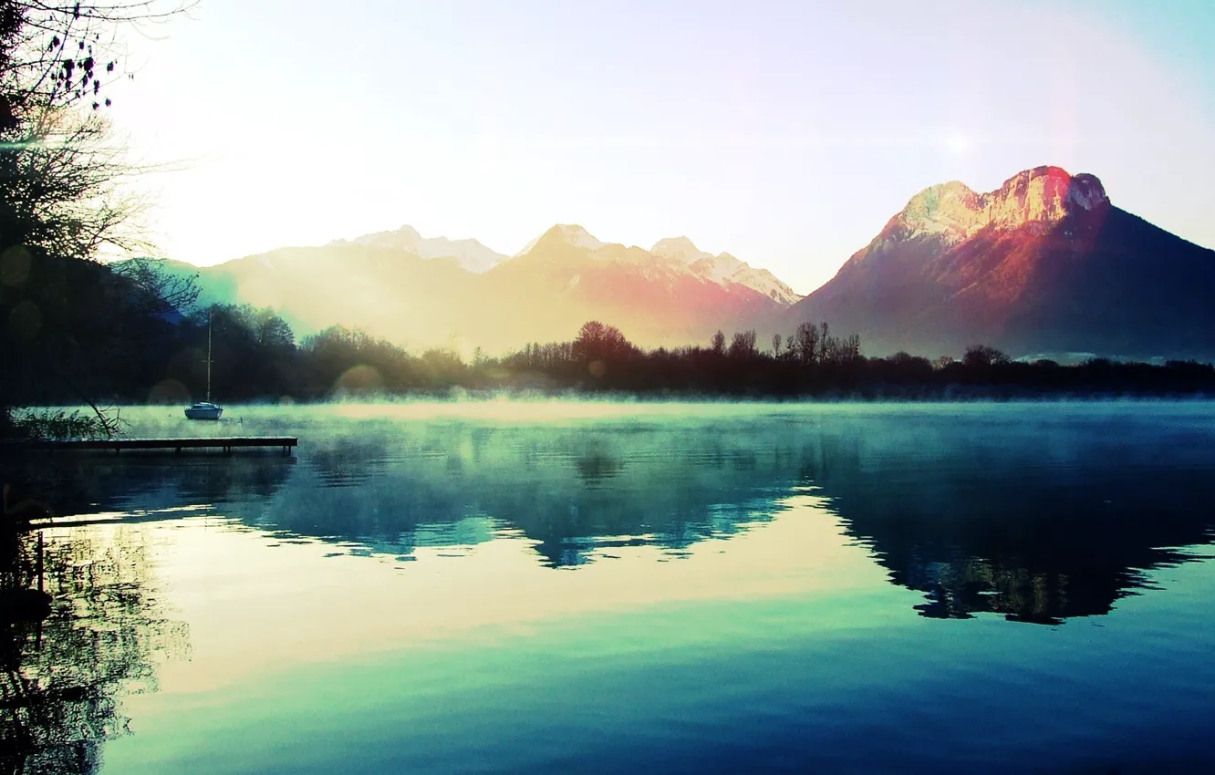 Photo wallpaper forest, landscape, mountains, lake, pier