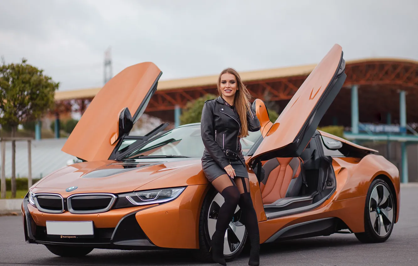 Photo wallpaper machine, auto, girl, pose, BMW i8, Salih Gokduman