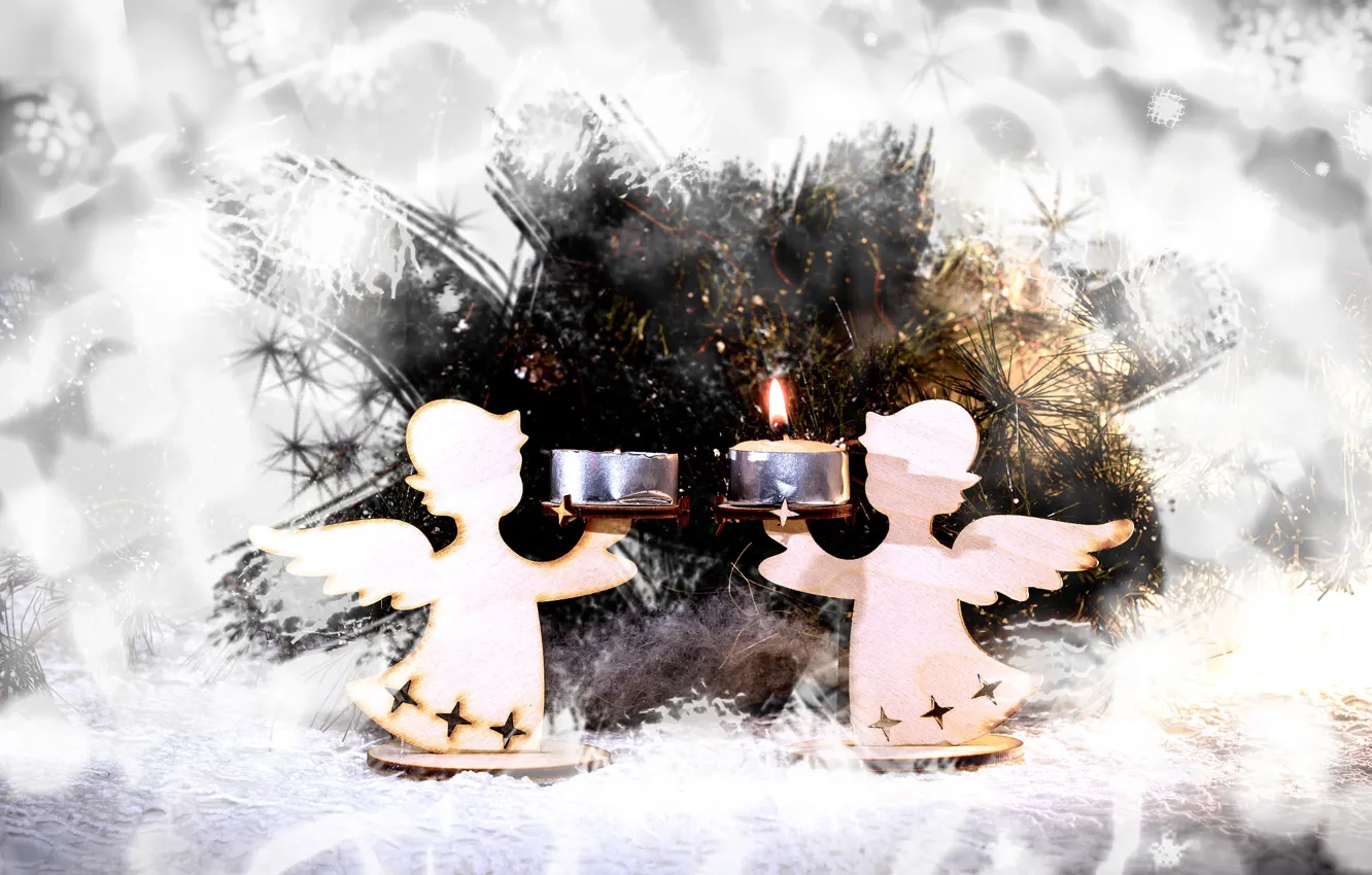 Photo wallpaper winter, holiday, candles, angels, Christmas, New year, needles, silhouettes