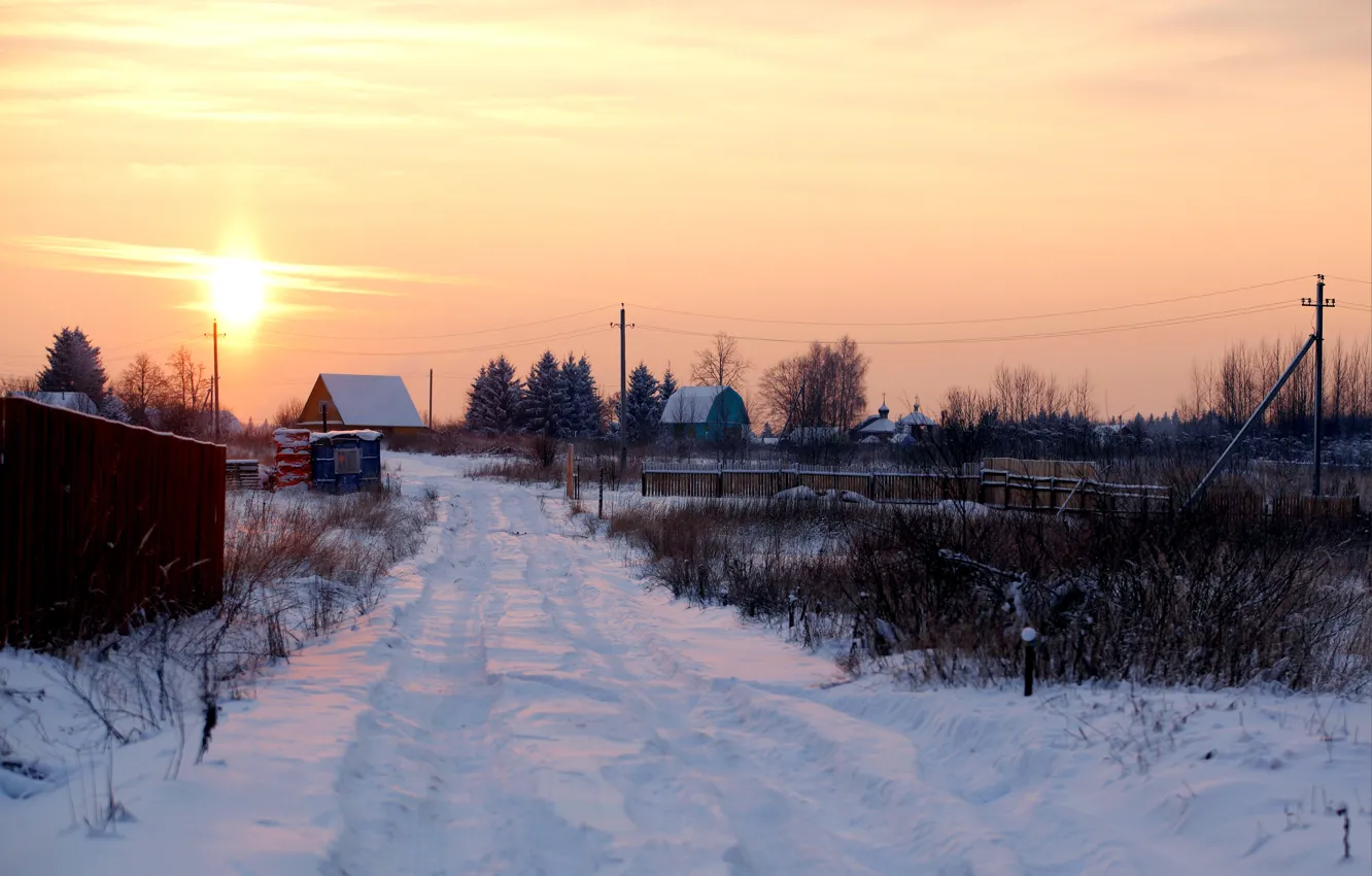 Photo wallpaper winter, the sun, snow, traces, sunrise, holiday village