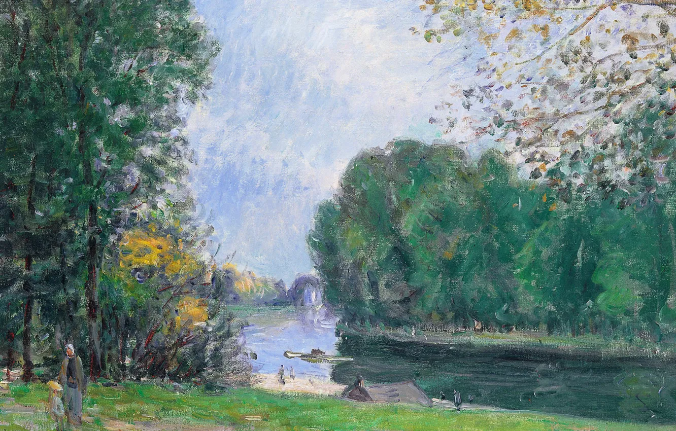 Photo wallpaper landscape, picture, Alfred Sisley, Alfred Sisley, The Turn Of The River Loing. Summer